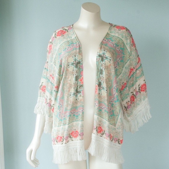 ZAPA Basic Boho Floral Fringe Kimono Coverup - Picture 6 of 10
